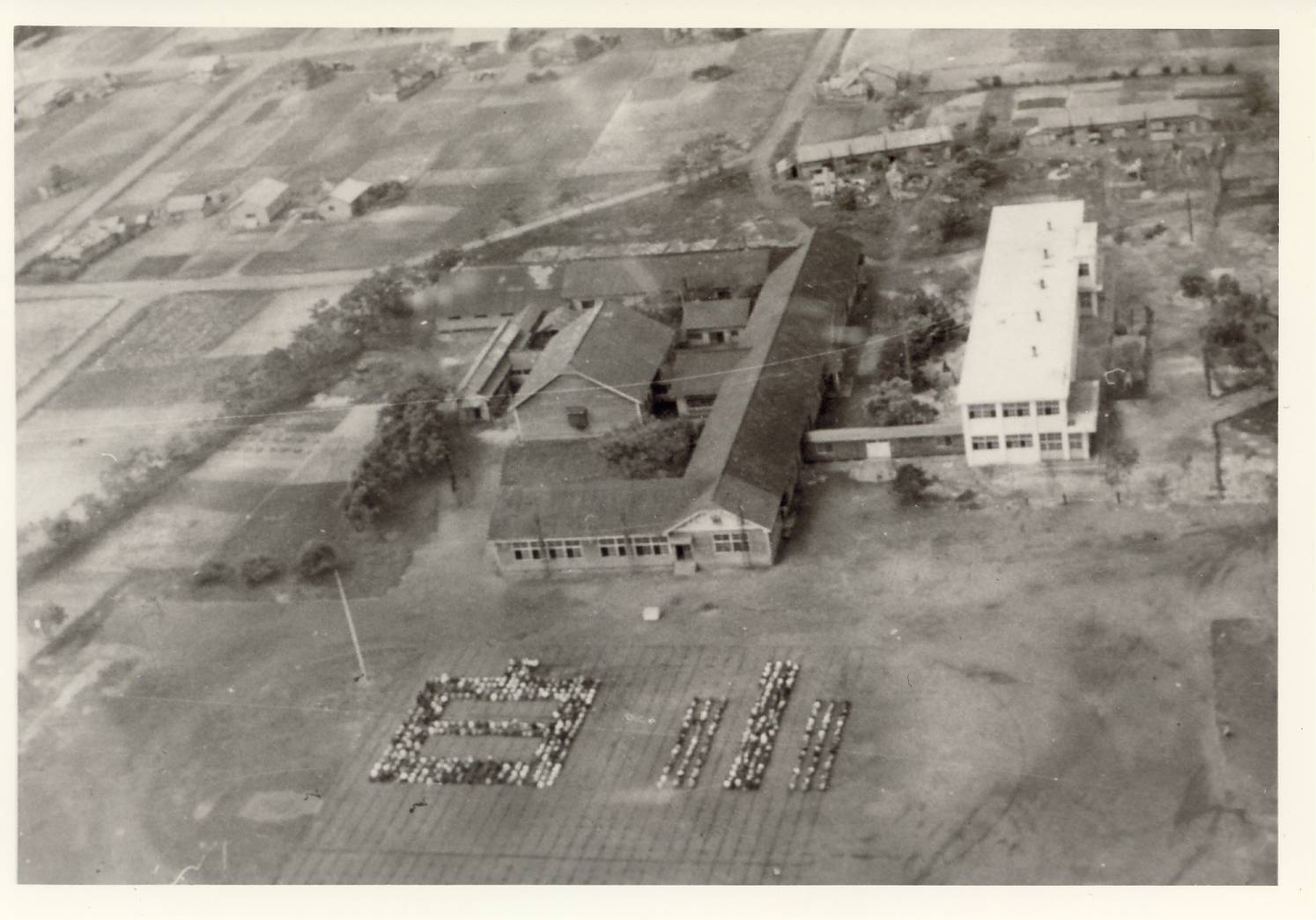 昭和31年の白老小学校新旧校舎の上空写真