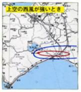 噴火時上空の西風が強いときの影響範囲をあらわした地図画像