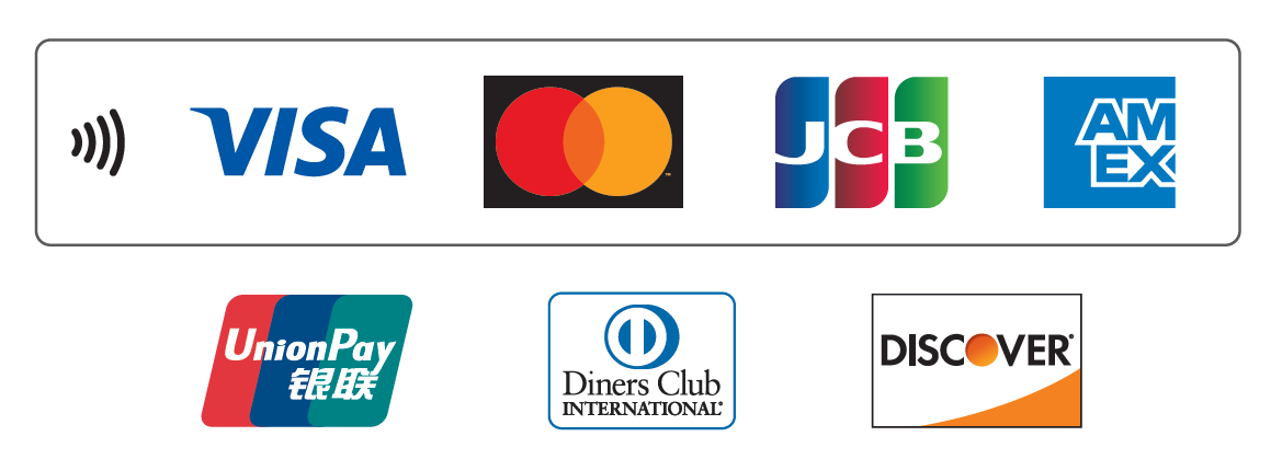 VISA,Mastercard,銀聯(UnionPay),JCB,American Express,Diners Club,DISCOVER