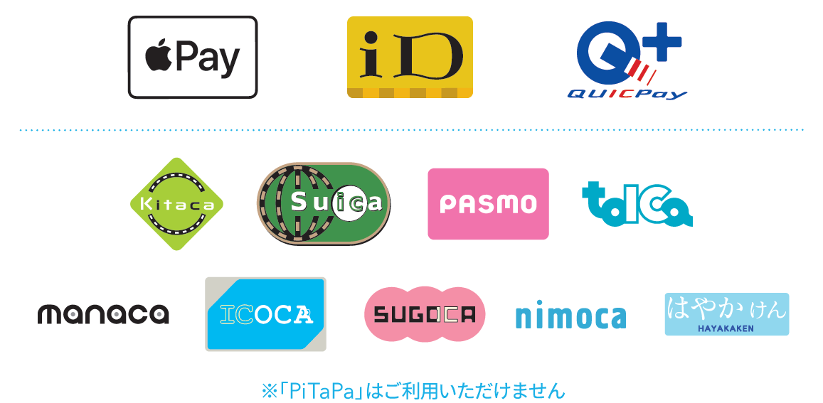 交通系電子マネー （Kitaca/Suica/PASMO/toICa/manaca/ICOCA/SUGOCA/nimoca/はやかけん）,iD,QUICPay