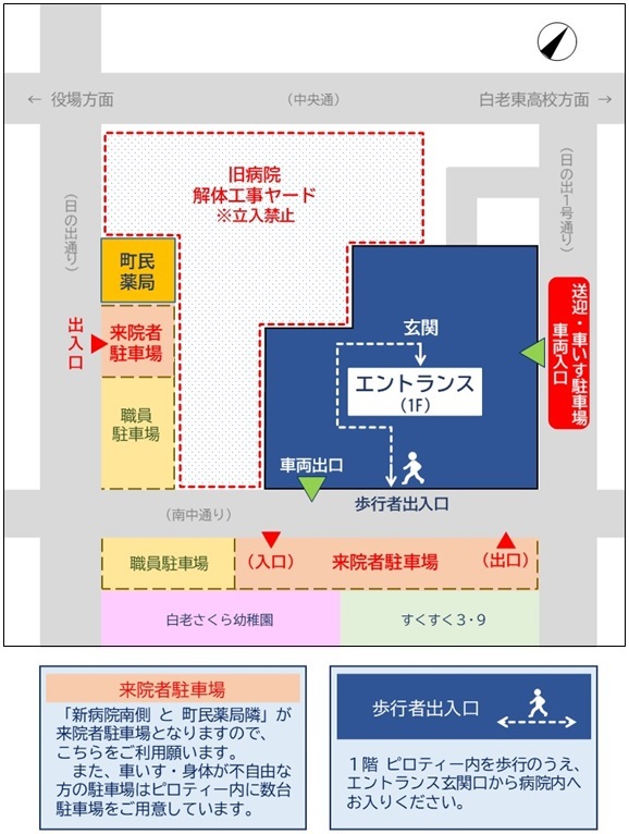 （1）来院者駐車場の場所と新病院への出入口